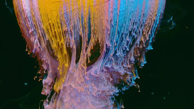 Multicolor paint filaments breaking into droplets and foamy mass against dark background