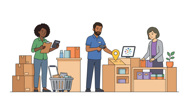 Warehouse workers scanning and organizing inventory