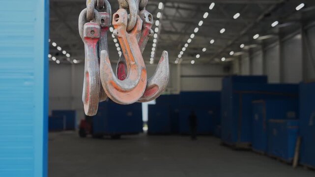 Close-up of heavy duty lifting hooks and chains hanging inside a large industrial facility. Professional rigging equipment used for lifting and handling heavy loads.