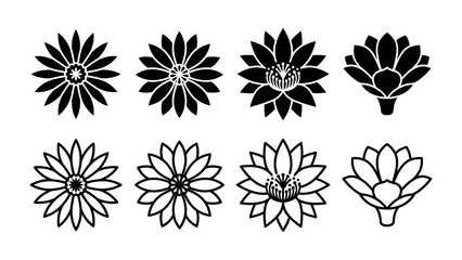 Obraz premium Flower Icons: A collection of stylized flower icons, presented in both black silhouette and outline forms, showcasing decorative floral patterns for graphic design use.