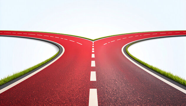 Red road fork split concept, business decision choice, path with two different directions. Red road splitting into two separate paths. Minimalist fork in the road metaphor representing choices.