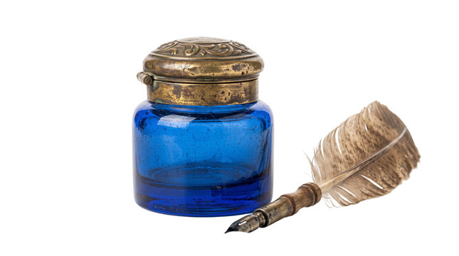 Vintage blue glass inkwell with ornate brass lid, antique quill pen with feather, traditional calligraphy writing set isolated PNG with Transparent Background