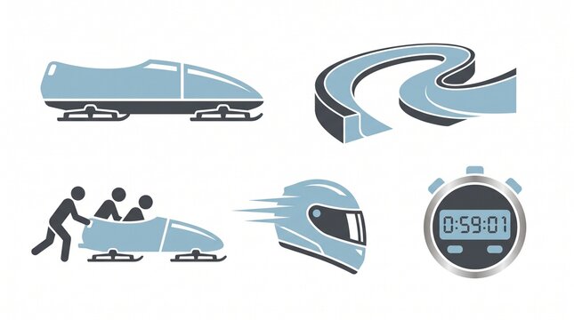 Bobsled Winter Speed Sport Flat Vector Icon Set