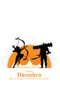Dussehra celebration featuring Rama and Ravana silhouettes, bow and arrow, orange festive accents and minimalist Indian greeting design