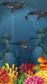 Animated Cartoon Whales Swimming Over Colorful Underwater Coral Reef