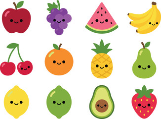 Fototapeta premium Apple grape watermelon banana cherry orange pineapple pear kiwi blueberry lemon avocado icon set with colorful strawberry fruit fresh flat cartoon blob background sticker collection
