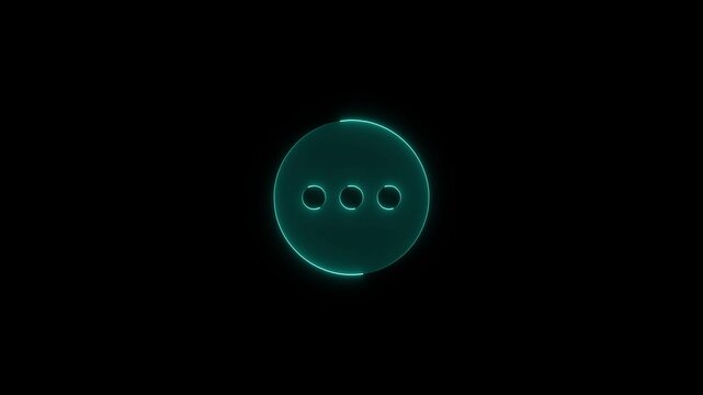 Neon chat bubble icon with three dots glowing on black background for digital technology communication app design.