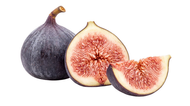 Fresh purple figs, whole and sliced ripe fig fruit with red pulp, organic mediterranean figs for healthy cooking and food design isolated PNG with Transparent Background