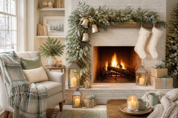 Obraz premium Cozy Christmas living room with fireplace and festive decor