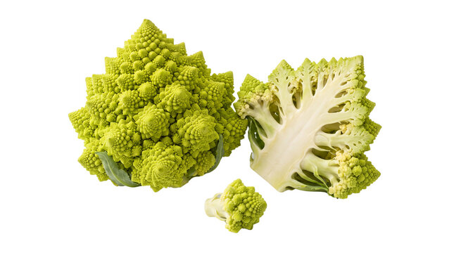 Romanesco broccoli heads, fresh green fractal cauliflower cross section, organic raw romanesco cabbage for healthy cooking isolated PNG with Transparent Background