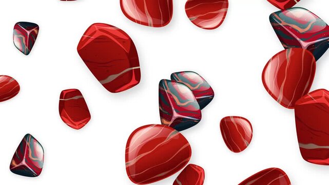 Falling Red Polished Stones and Marbled Gems on White Background