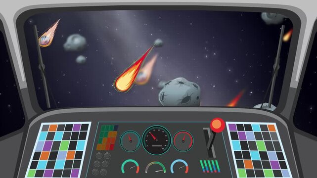 Animation of Spaceship Cockpit Flying Through Asteroids and Comets