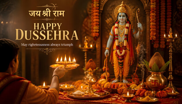 Dussehra celebration featuring Lord Rama shrine, traditional worship, glowing diyas, sacred offerings and Jai Shri Ram design