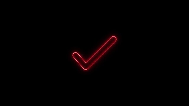 Neon red check mark icon appearing on black background in dynamic glowing motion graphics style for digital design.