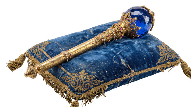 Antique royal scepter with blue crystal orb, ornate gold ceremonial staff on velvet cushion, vintage monarch regalia isolated PNG with Transparent Background