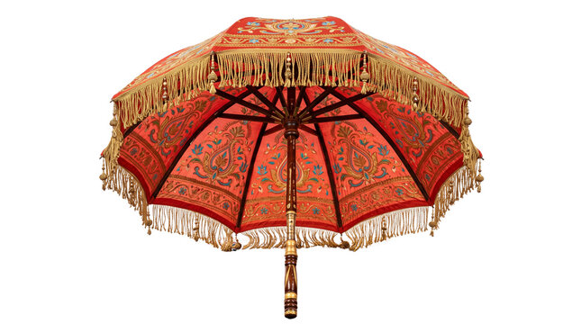 Ornate vintage parasol with gold fringe, antique red sun umbrella with floral embroidery, decorative bohemian patio accessory for luxury events isolated PNG with Transparent Background