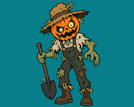 Zombie Pumpkin Scarecrow Farmer with Shovel Halloween Illustration