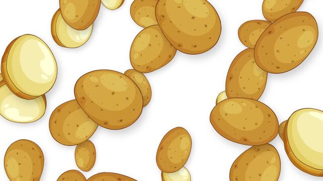 Falling Whole and Sliced Potatoes Animation on White Background