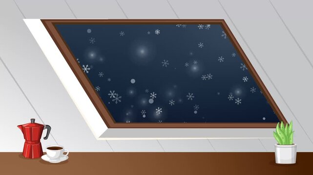 Animated Snowflakes Falling Outside Attic Window at Night with Coffee