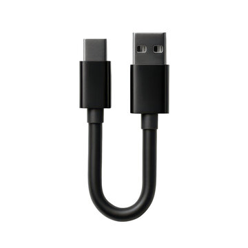 USB-C to USB-A adapter cable, black short connector lead for charging and data transfer, modern tech accessory isolated PNG with Transparent Background