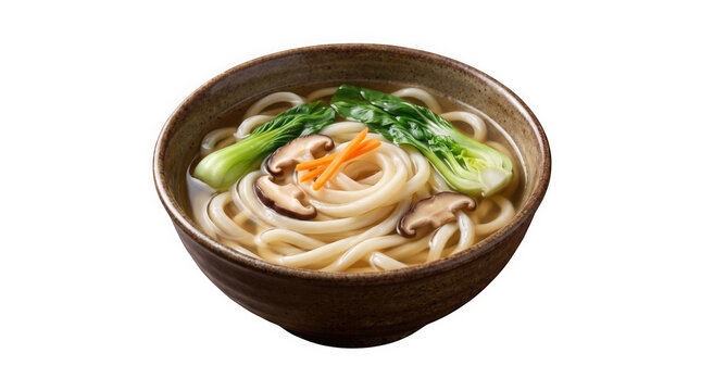 A steaming ceramic bowl of Japanese udon noodle soup featuring thick white noodles, fresh bok choy, shiitake mushrooms, and carrots on transparent background