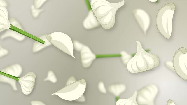 Animated Falling Garlic Bulbs and Cloves on Neutral Mesh Background