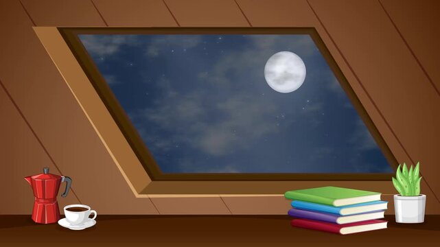 Cozy Attic Window View of a Clear Night Sky with Full Moon
