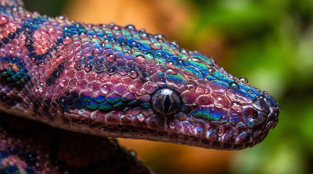 Extreme macro close up of an iridescent snake head covered in water droplets with glowing vibrant scales