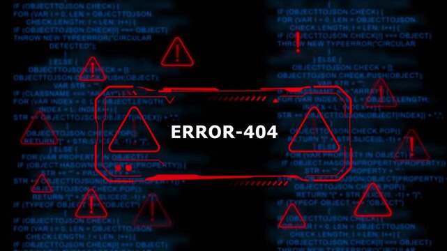 Dynamic digital error 404 notification with pulsing red warning triangles and scrolling programming code background, for cybersecurity, software, development, system failure, and web server