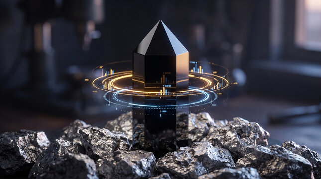 Futuristic black crystal obelisk on rough metallic rocks surrounded by glowing holographic data charts
