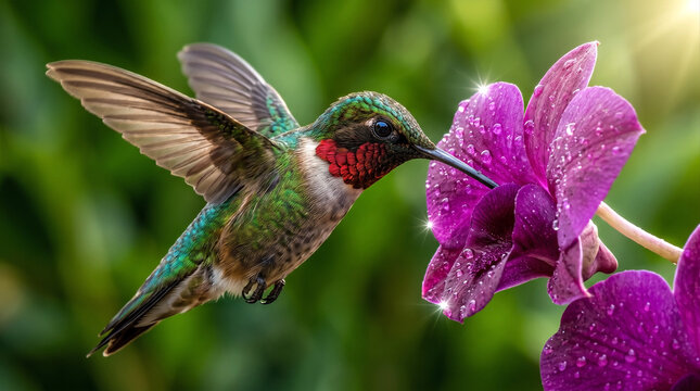 Hummingbird hovering in mid-air feeding on a vibrant purple orchid flower covered with morning dew drops