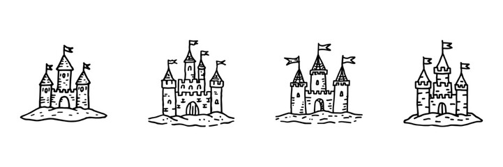 Fototapeta premium Castle Hand Drawn Doodle Icon Set. Medieval Fortress, Tower, Flag And Fairytale Architecture Sketch Symbol Collection. Buildings And Travel Theme. Isolated Vector Illustration