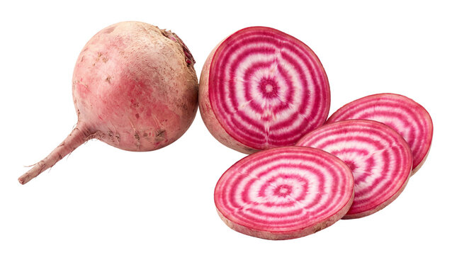 Chioggia beet with vibrant pink and white stripes, sliced candy cane beetroot, fresh organic heirloom vegetable for cooking isolated PNG with Transparent Background