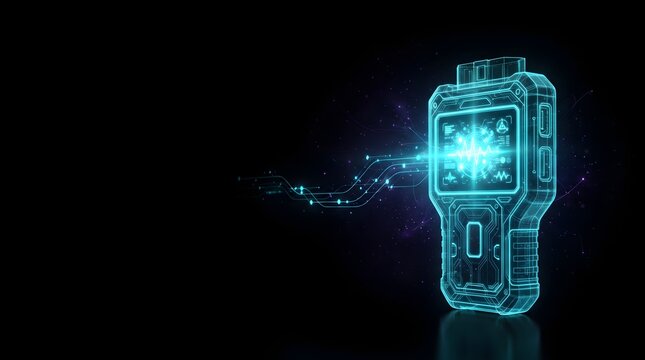 Futuristic car diagnostic scanner hologram, digital automotive obd2 tool illustration, blue glowing vehicle repair technology on black background