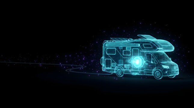Futuristic hologram camper van, digital blue wireframe motorhome illustration, high-tech electric recreational vehicle on black background