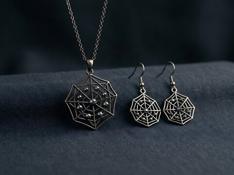 Intricate spider web jewelry set with black studs for gothic accessories.