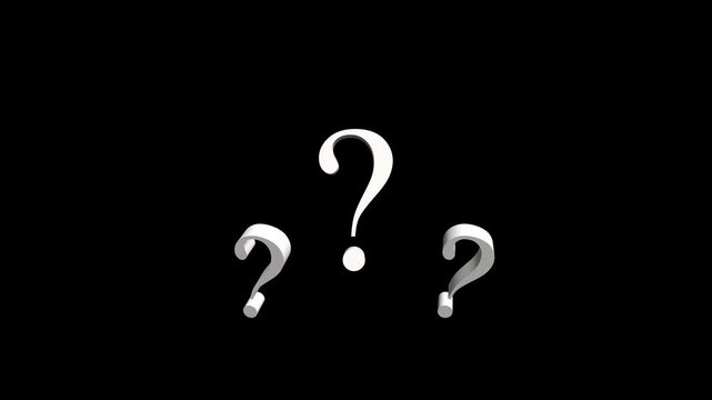 Question mark icon animation with white symbols on black background, confusion and inquiry concept, popping flat and 3d question marks, transparent background alpha channel, looping 4k video