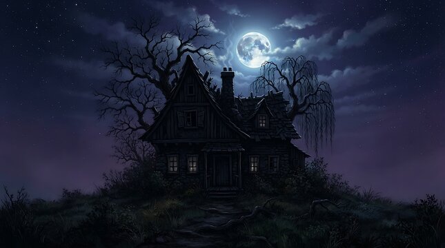 Creepy haunted house silhouette under full moon in dark spooky forest.