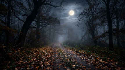 Obraz premium Misty autumn forest road with full moon light on a spooky dark night.