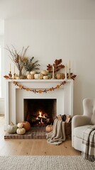 Obraz premium Warm fireplace decorated with pumpkins for cozy autumn evenings.