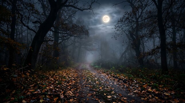 Misty autumn forest road with full moon light on a spooky dark night.