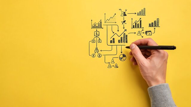 Hand drawing a flowchart and business growth charts on a yellow background