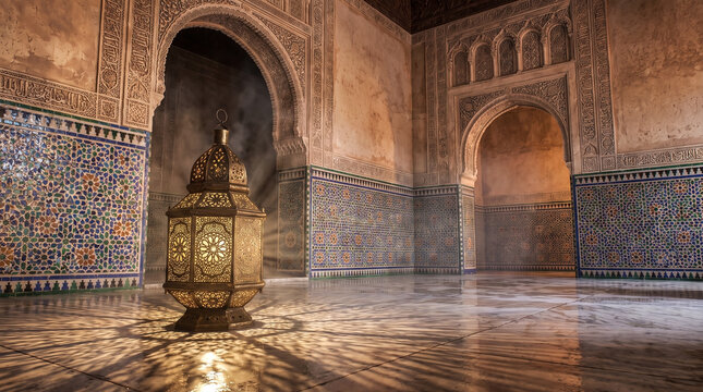 Large brass lantern casting intricate geometric shadows inside an ancient Andalusian palace courtyard with mosaic tiles