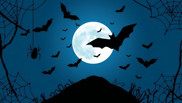 Pixel art bats flying in the night sky with a full moon and spider webs