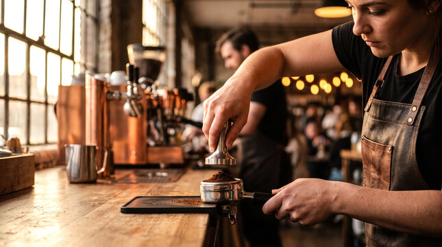 Female barista tamping ground coffee in a portafilter at a warm sunlit rustic coffee shop