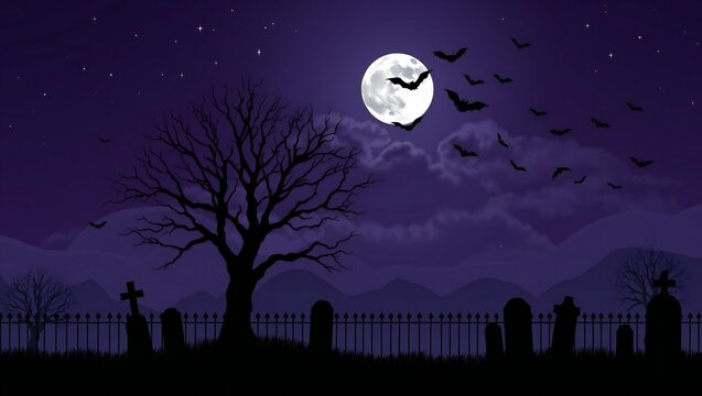 Spooky halloween graveyard with a full moon and bats flying in the dark night sky