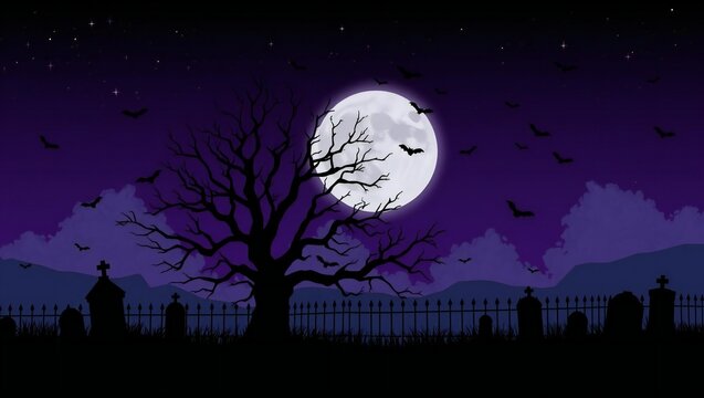 Spooky halloween graveyard with a dead tree full moon and flying bats at night