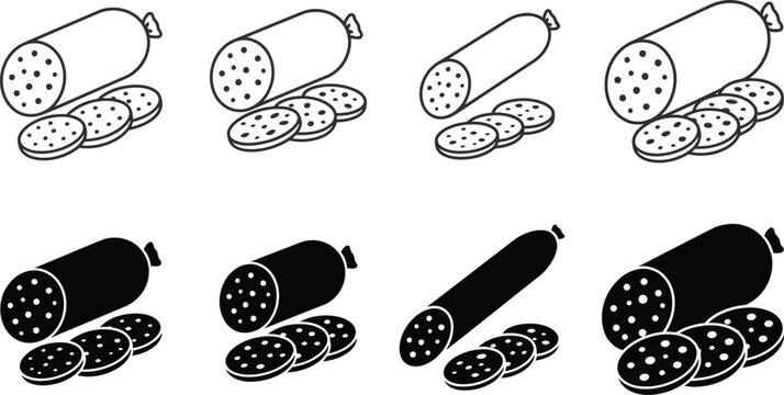 Salami sausage sticks and slices icons in various styles for menu and food design with cured meat sliced sausage culinary