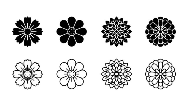 Floral Icon Set: A collection of eight stylized flower icons, presented in both solid black and outline designs, showcasing diverse petal arrangements.