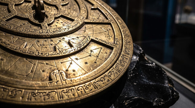 Close up of an antique brass astrolabe with Arabic engravings displayed as a historical artifact